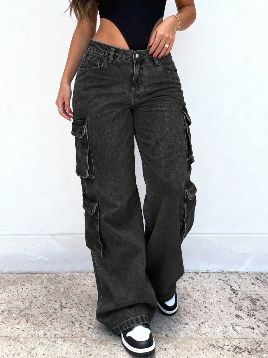Women's Y2K Streetwear Multi-Pocket Straight Leg Cargo Jeans With Flap Pockets - Black - View 1