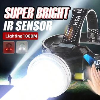 Foco LED potente recargable por USB con sensor de movimiento, luz brillante LED multifuncional para cabeza, ideal para acampada, pesca y trabajo al aire libre