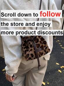 1pc Women's Colorblock Leopard Faux Fur Drawstring Bucket Bag, Fashion Bow Decor, Suitable For Commuting, Shopping, And Gift - Multicolor - View 2