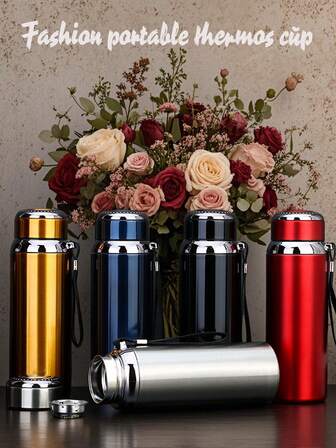 1pc 800/1000ml Fashionable Large Capacity Thermal Vacuum Bottle, Double-Layer Stainless Steel Temperature Control, Portable With Handle, Includes Residue Filter And Carrying Strap, Multiple Stylish Colors Available, Suitable For Milk, Coffee, Tea, Juice, Cold & Hot Drinks, Best Hydration Companion For Outdoor, Home, School - Can Be Purchased Separately With Cup Sleeve