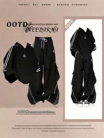 レディースカレッジスタイルのカジュアルなフード付きスウェットシャツとゆったりとしたオーバーオールのツーピースセット