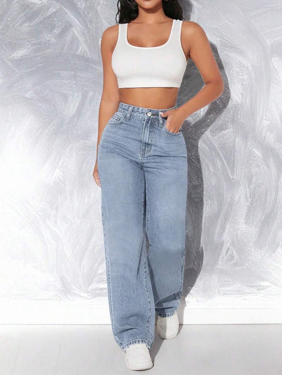 High Waisted Light Wash Blue Baggy Wide Leg Jeans For Women Casual Denim Pants - Màu xanh lam - Xem 1