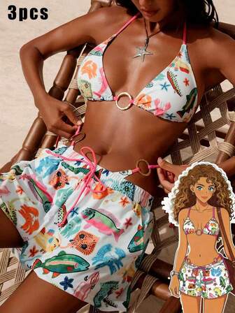 3pcs Women All-Over Print Halter Tie Bikini Set With Skirt