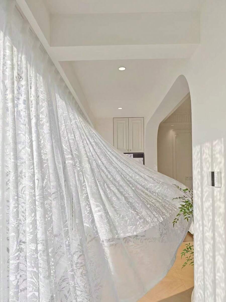 1件法式复古风格月枝阴影奶油色薄纱窗帘,带镂空灯光效果,适用于客厅、卧室、阳台、悬浮窗。 - 白色 - 查看 1