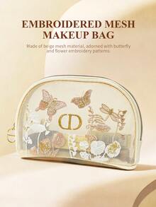 Christian Dior 限量版金色蝴蝶刺绣化妆包，双层网状外壳设计 - 米色 - 查看 2