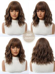 Peluca corta ondulada con flequillo, adecuada para cabello rizado de 12 pulgadas, peluca sintética resistente al calor natural para uso diario y de fiesta de mujeres - Marrón - Ver 7