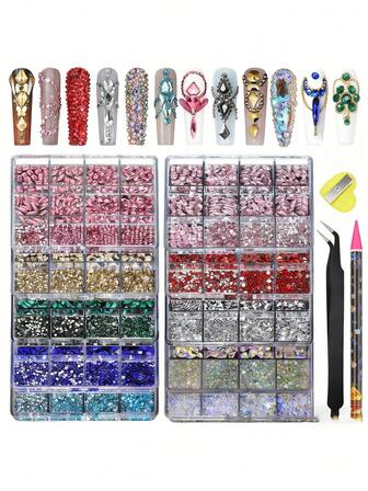 12 rejillas Accesorios decorativos de caja multiestilo con diamantes redondos y rhinestones planos de cristal con brillo, accesorios de color rosa y multicolor, set de brocas, caras, ropa y decoraciones DIY para slime