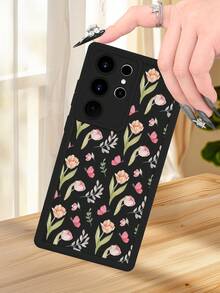 1 Piece Phone Case With Pink Tulip And Butterfly Design On A Black Background, Elegant Floral Style, Soft TPU, Full Impact And Anti-Slip Protection, Compatible With IPhone 17 ProMax/16/15/14/13/12/11/Plus/Pro/ProMax, Compatible With Galaxy A34/A35/A54/A55, Galaxy S20/S21/S22/S23/S24/S25 Ultra/Plus, Compatible With Galaxy//Honor// - 黑色 - 查看 2