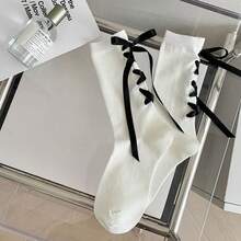 2/1 Pairs Women's Black And White Floral Lace Ribbon Bowknot Tie Mid-Calf Socks, Fall - Multicolor - View 7