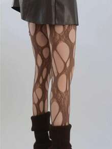 Women's Solid Color Cut Out Sheer Stretchy Sexy Fishnet Tights, Fashionable Comfy High Stretch Pantyhose For Daily Wear, Ladies Bottoms For All Seasons, Clothes - 棕色 - 查看 3