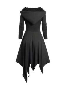 Plus Size Gothic Punk Dress With Hood & Thumbholes - Halloween Asymmetrical Lace-Up Corset Dress In Solid Black | Curve Dark Academia Witchy Aesthetic (0X-5X) - Black - View 4