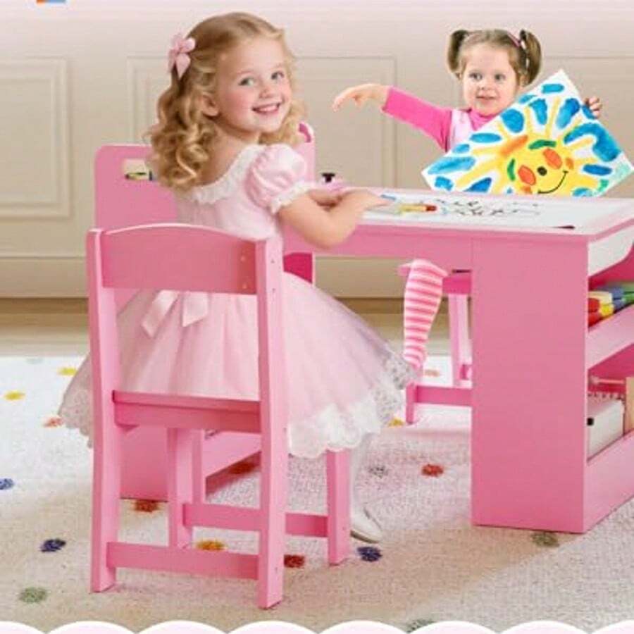 Mesa de arte infantil de 49 pulgadas, mesa grande de manualidades con 2 sillas, escritorio multifuncional con estantes para habitación infantil, jardín de infancia, sala de juegos y escuela. - Rosa - Ver 1