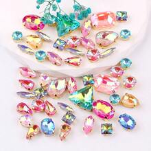 50pcs/Pack, Multi-Color, Mixed Shape Handmade Sew-On Glass Rhinestone Decorative Beads, Flat Gold Metal Base With Hole, Shiny Crystal DIY Accessories Sewing Materials For Decorating Clothes, Dresses, Bags, Shoes, Brooches, Earrings, Handicrafts - Shapes Mix - View 24