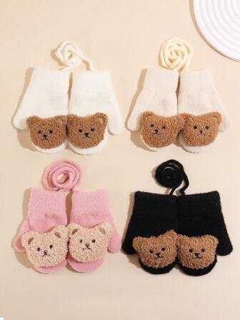 1 par enfärgade plyschiga fingerlösa handskar med dragsko för barn, varma och moderiktiga för utomhusaktiviteter och daglig användning