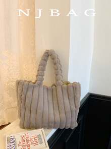 Damska torba typu tote w jednolitym kolorze, duża, pluszowa - Beżowy - Zobacz 2