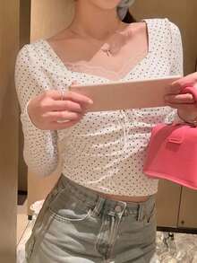 DAZY 女式波尔卡圆点印花撞色蕾丝前领带长袖 T 恤 - 白色 - 查看 6