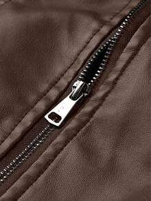 Women's Leather Jacket, Long Sleeve Fitted Stand Collar Leather Coat, Autumn - Coffee Brown - View 5