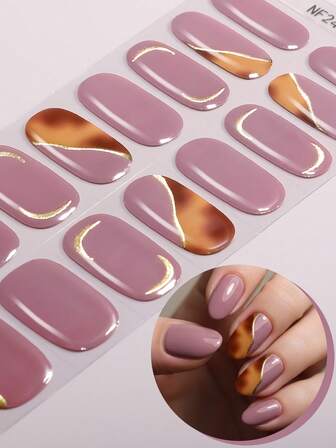 16pcs Semi Cured Gel Nail Strips, Dusty Lavender With Tortoiseshell & Golden Line Gel Full Nail Wrap, Easy To Manicure, UV Lamp Required, Suitable For Women's Daily Dating Home DIY Nail Stickers
