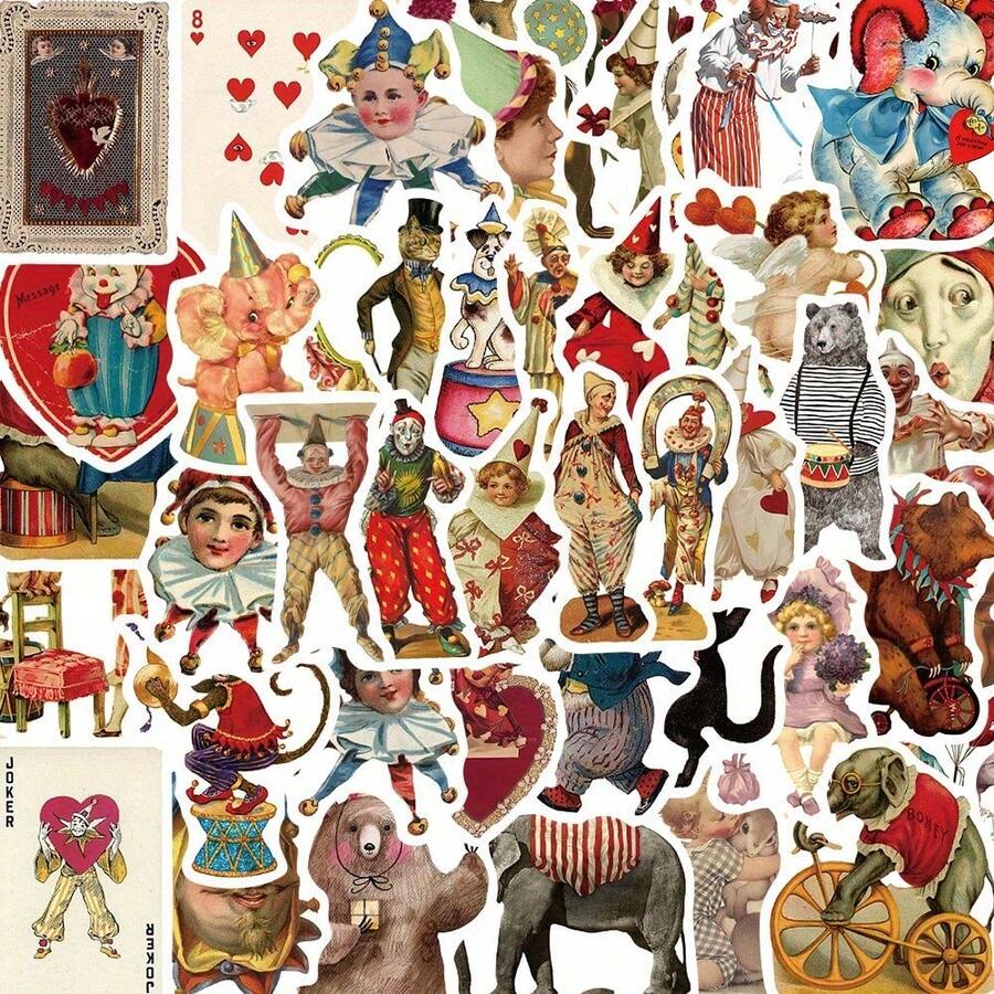 Set Of Antique Circus Performer PVC Stickers, 50 Waterproof Cartoon Stickers For Laptops, Water Bottles, Laptops - Reusable, Self-Adhesive Irregular Shapes, Suitable For Adults And Teens - Glass Surface Friendly Stickers - 50 mặt hàng - Xem 1