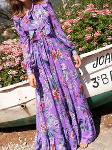 Faeriesty Floral Print Elegant Chiffon Maxi Dress, High Neck Design, Long Sleeve With Delicate Ruffle Shoulder, Waist Tie, Multi-Layer Ruffle Hem | Romantic Fluffy Garden And Wedding Guest Dress - Purple - View 6