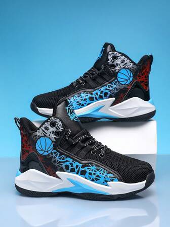 1 Pair Kids' Outdoor Sports Basketball Shoes, Classic Black & Red Patchwork, Breathable Honeycomb Upper, Shock-Absorbing & Durable Outsole, Suitable For Teenagers & Campus Training