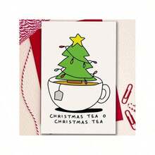 1pc Versatile Friendship Card - Playful Christmas Tree & Teacup Design - Suitable For Christmas, Corporate Supplies, Greeting Cards - Red Envelope - View 4