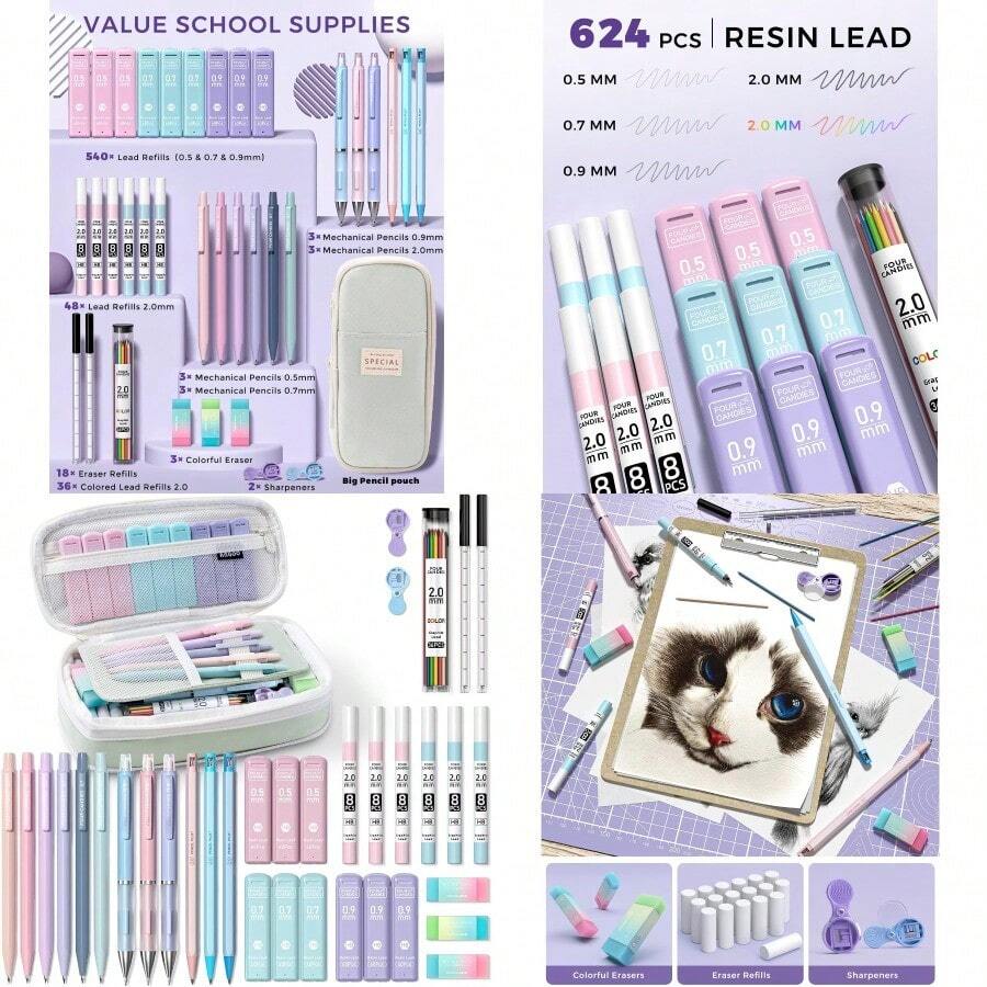 New Four Candies 36PCS Aesthetic School Supplies Mechanical Pencils 0.5mm 0.7mm 0.9mm And 2.0mm With 624PCS Refills Cute Mechanical Pencils For Writing Drawing And Drafting Green - Green - View 1
