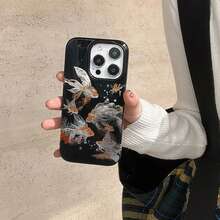 秋冬中国风黑色背景风水锦鲤手机壳，适用于 17 Pro Max/16 Pro Max/15 Pro Max/14 Pro/13，创意设计，男女通用 - 黑色 - 查看 9