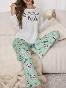 两件套可爱卡通印花长袖睡衣套装，女士休闲家居服 - 白色 - 查看 1