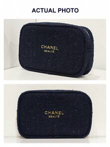 CHANEL Materiel Navy Blue Tweed Cosmetic Pouch, Makeup Bag, Zippered Makeup Bag With Gold Logo & Gold Camellia Zipper Pull, Luxury Beauty Case - Navy Blue - View 8