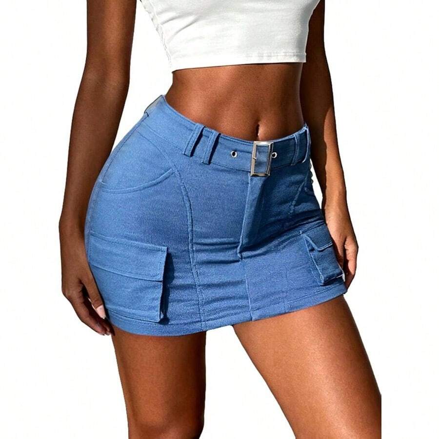 Faldas tipo cargo para mujer, minifalda con botones de cintura baja y bolsillos - Azul + 2XL - Ver 1