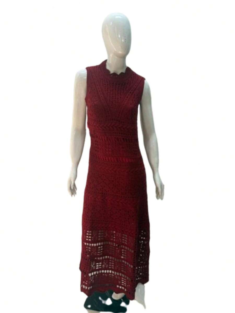 Long Lace Knit Dress With Lining, Chic, Graduation, Party, New Year's Eve, Size M - Red - View 1