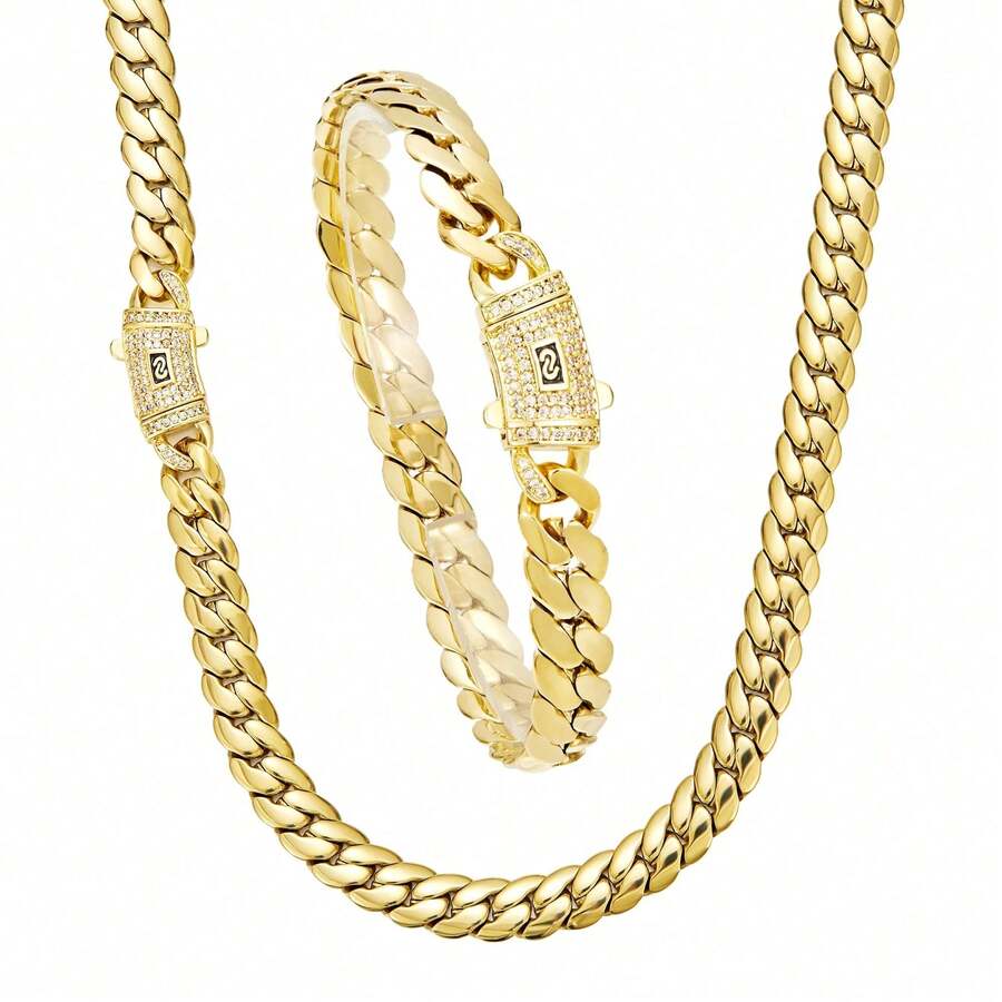 8mm Men's Stainless Steel Cuban Chain Necklace - Golden Polished Interlocking Link Design, Durable Tarnish-Resistant Jewelry For Casual Attire & Formal Events - Chiều rộng 8mm - Xem 1