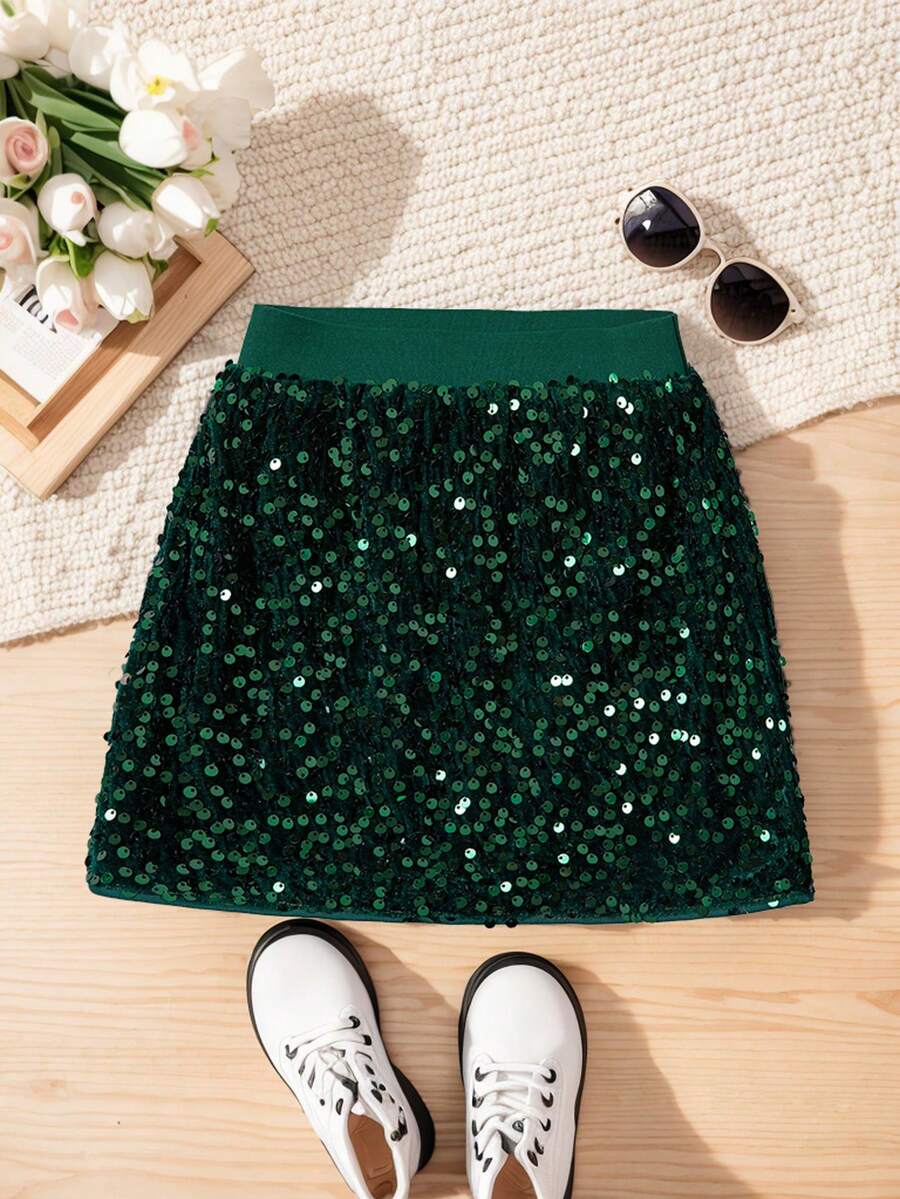Tween Girls' Fashionable Sequin Mini Skirt, Suitable For Parties And Gatherings (Y0847) - Dark Green - View 1