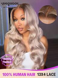 MEGALOOK Peluca de cabello humano con onda corporal, encaje transparente y nudos diminutos, color ombré rubio ceniza, con línea del cabello previamente desbastada, cap transpirable de 13x4 con raya libre, comodidad todo el día, línea del cabello natural e indetectable, lista para uso diario, oficina, fiesta, estilo Y2K, vacaciones, domingo mejor, cosplay, escuela, navidad, regreso a clases, boda, halloween, festival, cita, glamour para mujeres