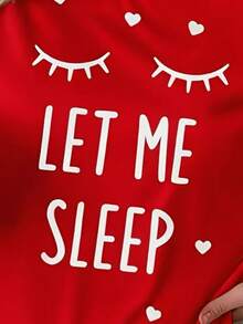 Váy ngủ in khẩu hiệu "Ngủ" cho nữ - Váy thun cổ tròn tay ngắn thoải mái, họa tiết trái tim, phù hợp với mọi mùa, đồ ngủ dệt kim pha polyester, có thể giặt bằng máy - Đỏ - Xem 5