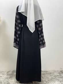 Luxury Gold Diamond Rhinestones Back Splicing Mesh Women Abaya - Black - View 2