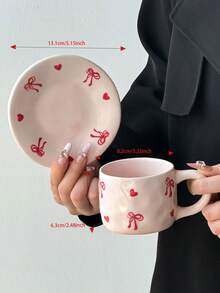 Conjunto de 1 xícara e pires de cerâmica com laço rosa, elegante xícara e pires de cerâmica floral, delicada xícara para chá da tarde, xícara para leite no café da manhã em casa, xícara para água, xícara para suco, xícara para café no escritório, xícara para café saudita, xícara para presente - Multicolorido - Ver 2
