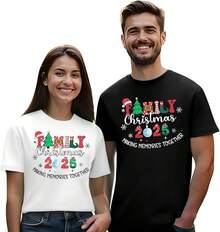 Camisetas de Navidad para Parejas, Él y Ella, Pijamas Familiares Divertidos de Navidad, Camiseta de Manga Corta - Blanco - Ver 2