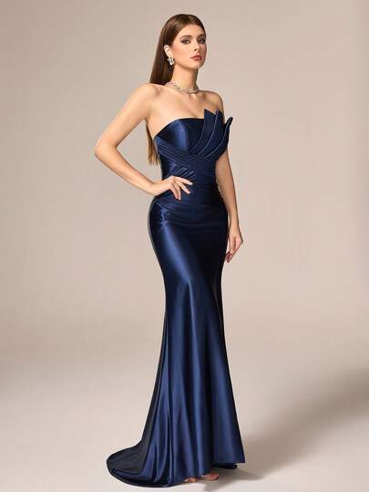 Elisanya Vestido de gala largo de sirena de satén sin tirantes para mujer, con un elegante ajuste en la cintura, ideal para ocasiones elegantes y lujosas