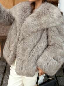 Women's Elegant Commuting And Street-Going College Simple Fashion Casual Versatile, Large Lapel Long Sleeve Gray Fine Fleece With Hidden Buttons Fake Fur Coat,Suitable For Halloween, Christmas Eve - Light Grey - View 5