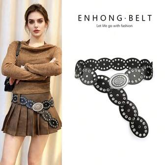 Women's Western Style Rivet & Rhinestone Decor Wide Waist Belt, Suitable For Party