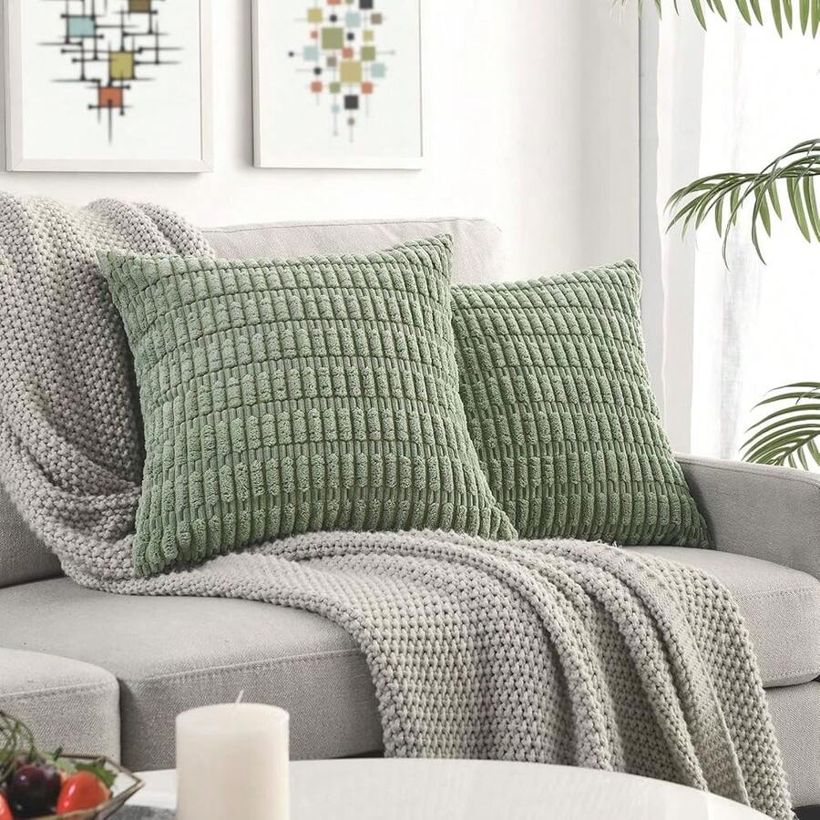 Volcanics Pack Of 2 Sage Green Decorative Throw Pillow Covers 24x24 Inch, Soft Corduroy Striped Square Cushion Cases, Modern Farmhouse Boho Home Decor For Spring Couch Bed Sofa Living Room,24inchx24inch(Packof2),SageGreen - Cây xô thơm xanh - Xem 1