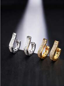 Pendientes de aro "Huggie" con efecto de hielo para hombres, aros de aro con incrustaciones de circonita en tono dorado y plateado, accesorios de estilo punk, hip hop y urbano - Pendientes-599 - Ver 2