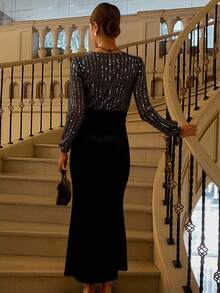 Livesso Women's V-Neck Contrast Color 2 In 1 Elegant Mid-Length Dress Maxi Dress Cocktail Dress - Black - View 5