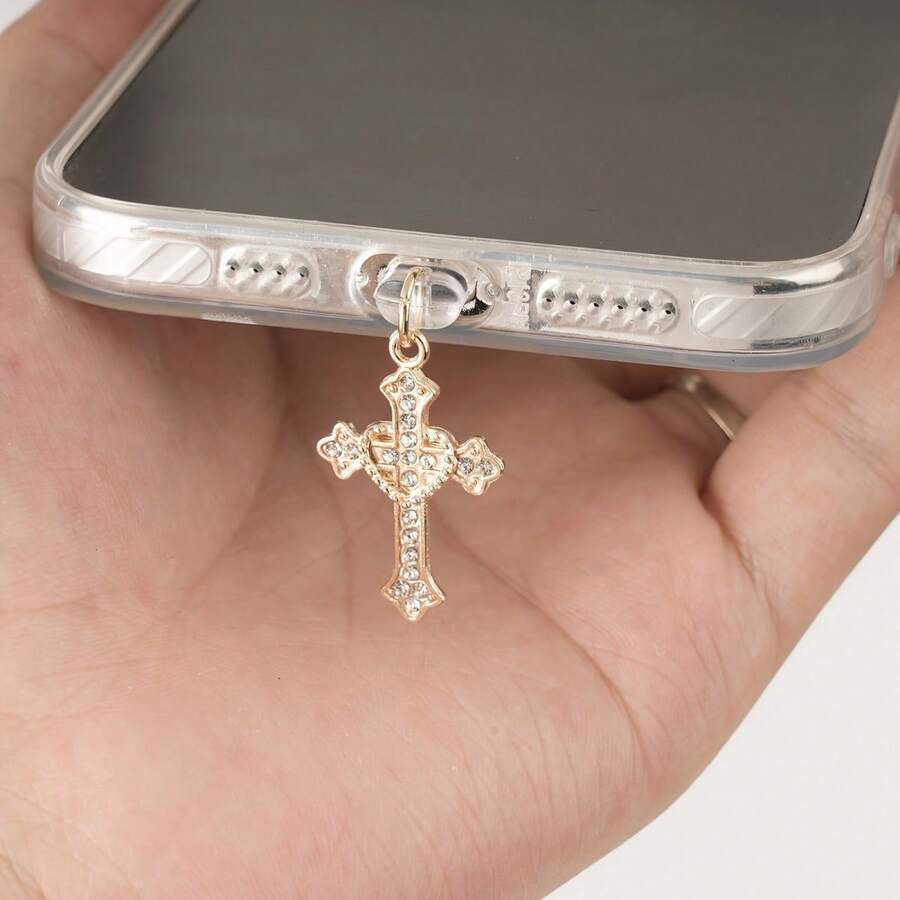 1个优雅十字形手机防尘塞 - 合金吊坠，镶嵌闪亮水晶，兼容和Type-C设备，耐用金属手机配件 - 彩色 - 查看 1