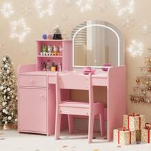 Kids Vanity, Lofka Princess Makeup Vanity Desk , Open Shelves, Storage Cabinet & Drawer,  Mirror Toddler Vanity Table & Chair Set For Little Girls (Pink) - Hồng - Xem 8