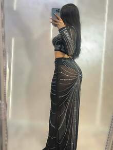 Women's Sexy 2 Pieces Dress Set Mesh Rhinestone Long Sleeve Crop T-Shirt +Bodycon Skirt Fashion Party Club Outfits