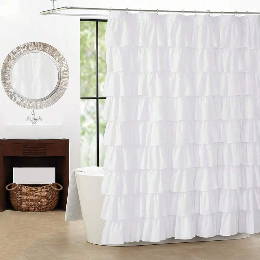 White Ruffle Shower Curtain - Farmhouse Cloth Bathroom 72 X 72 Inches Texture Fashion, Double Layer Fabric, Not See Through.,72inchWx72inchL(Packof1),White - Putih - View 1