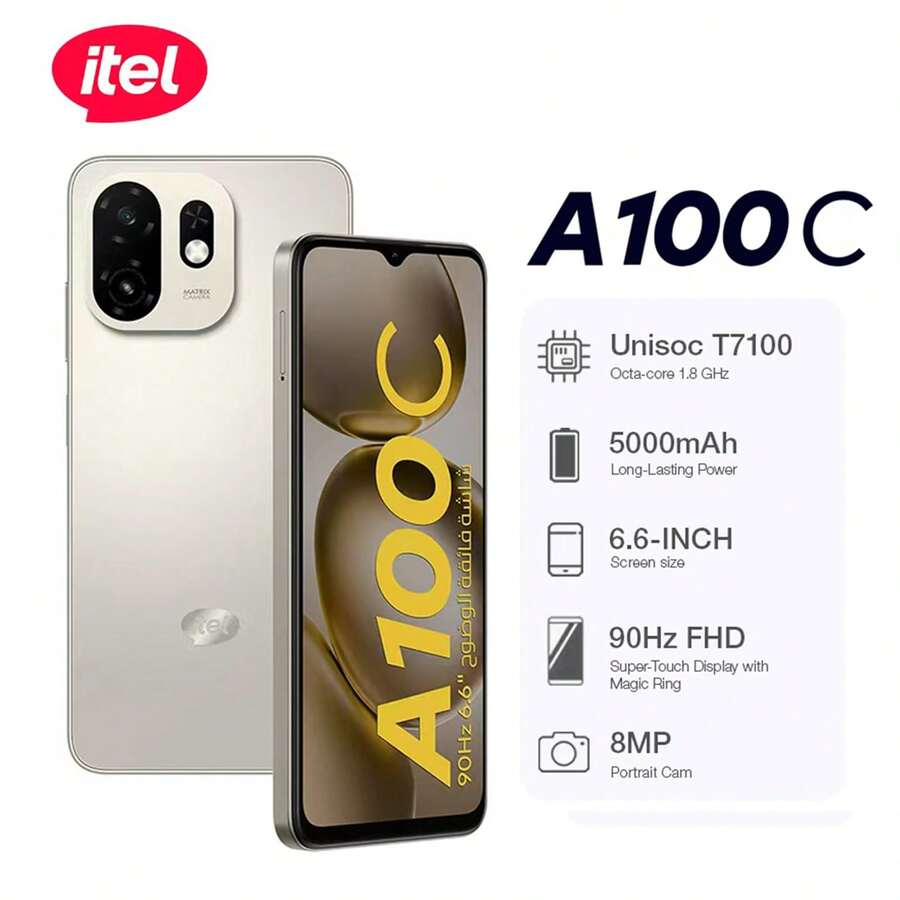 itel A100C 双卡双待 4G 安卓 15 智能手机，5000mAh 电池，Type-C 充电，800 万像素摄像头，指纹解锁 - 鈦色 - 查看 1